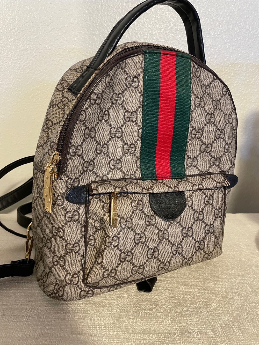 Beige Monogram Canvas Mini Backpack with Green-Red Stripe